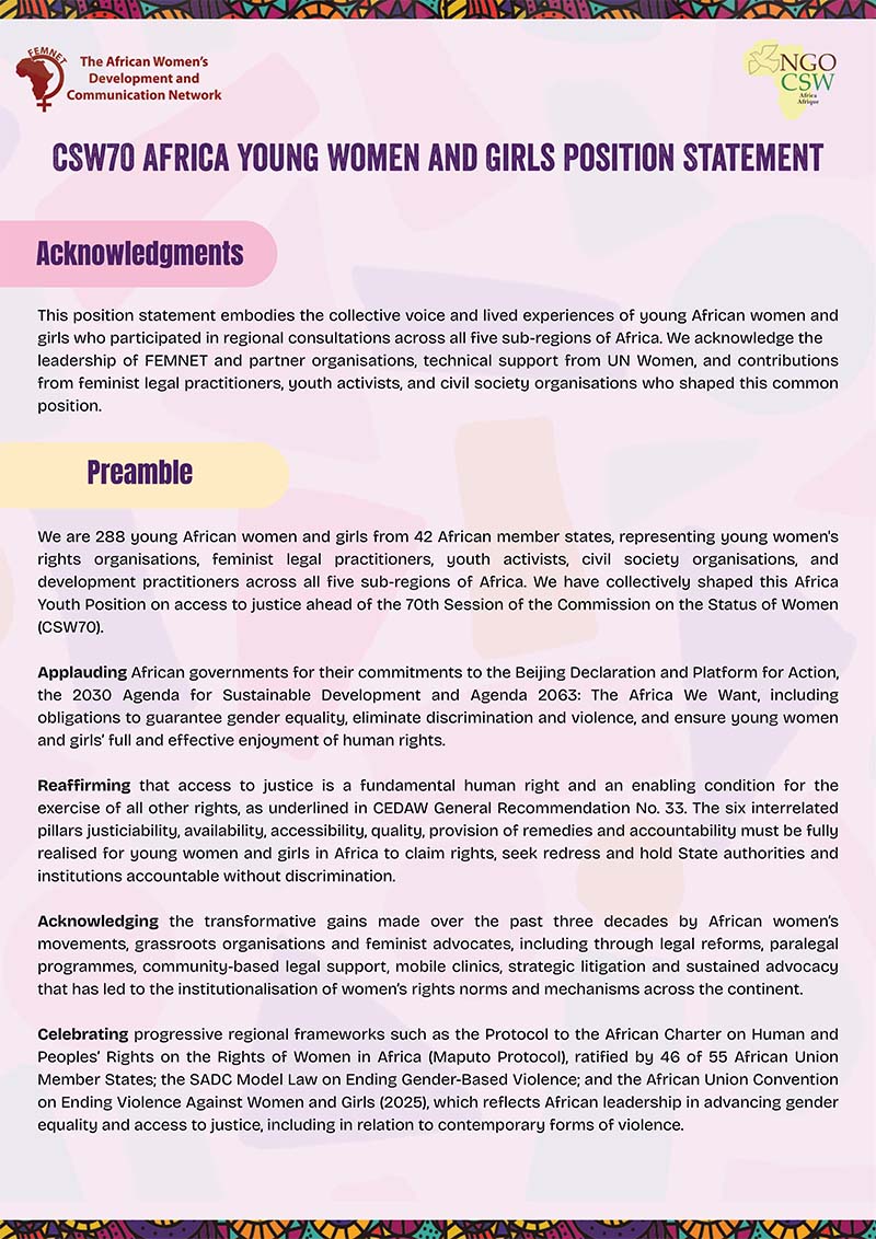 Africa Youth Position Statement for CSW 70