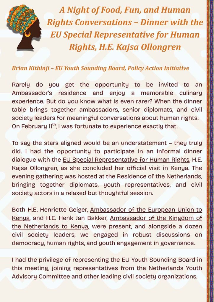 A Night of Food, Fun, and Human Rights Conversations – Dinner with the EU Special Representative for Human Rights, H.E. Kajsa Ollongren
