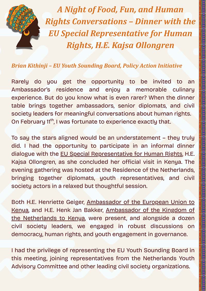 A Night of Food, Fun, and Human Rights Conversations – Dinner with the EU Special Representative for Human Rights, H.E. Kajsa Ollongren